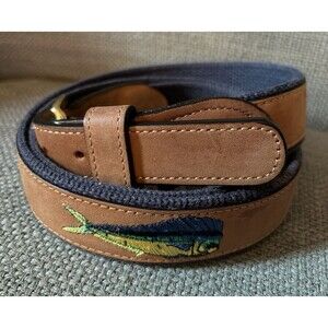 West Marine Full Grain Leather Belt 44 Embroidered Mahi Mahi Fish Nautical